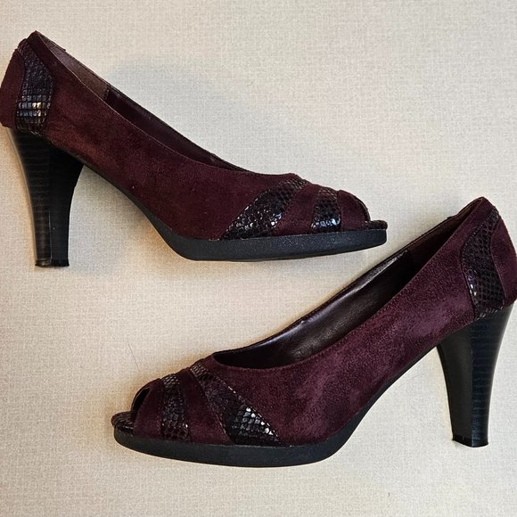 EUC Apostrophe 7M Heels Peep Toe Burgundy 3" - Picture 1 of 5